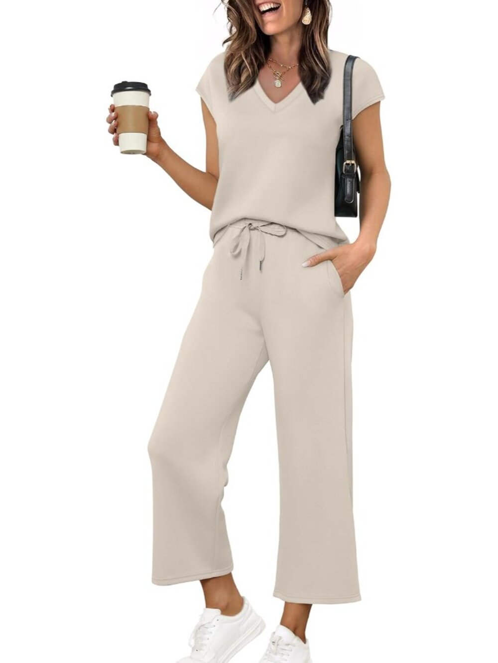 Two Piece Sets for Women Summer Outfits Lounge Sets V Neck Tops Wide Leg Pants W